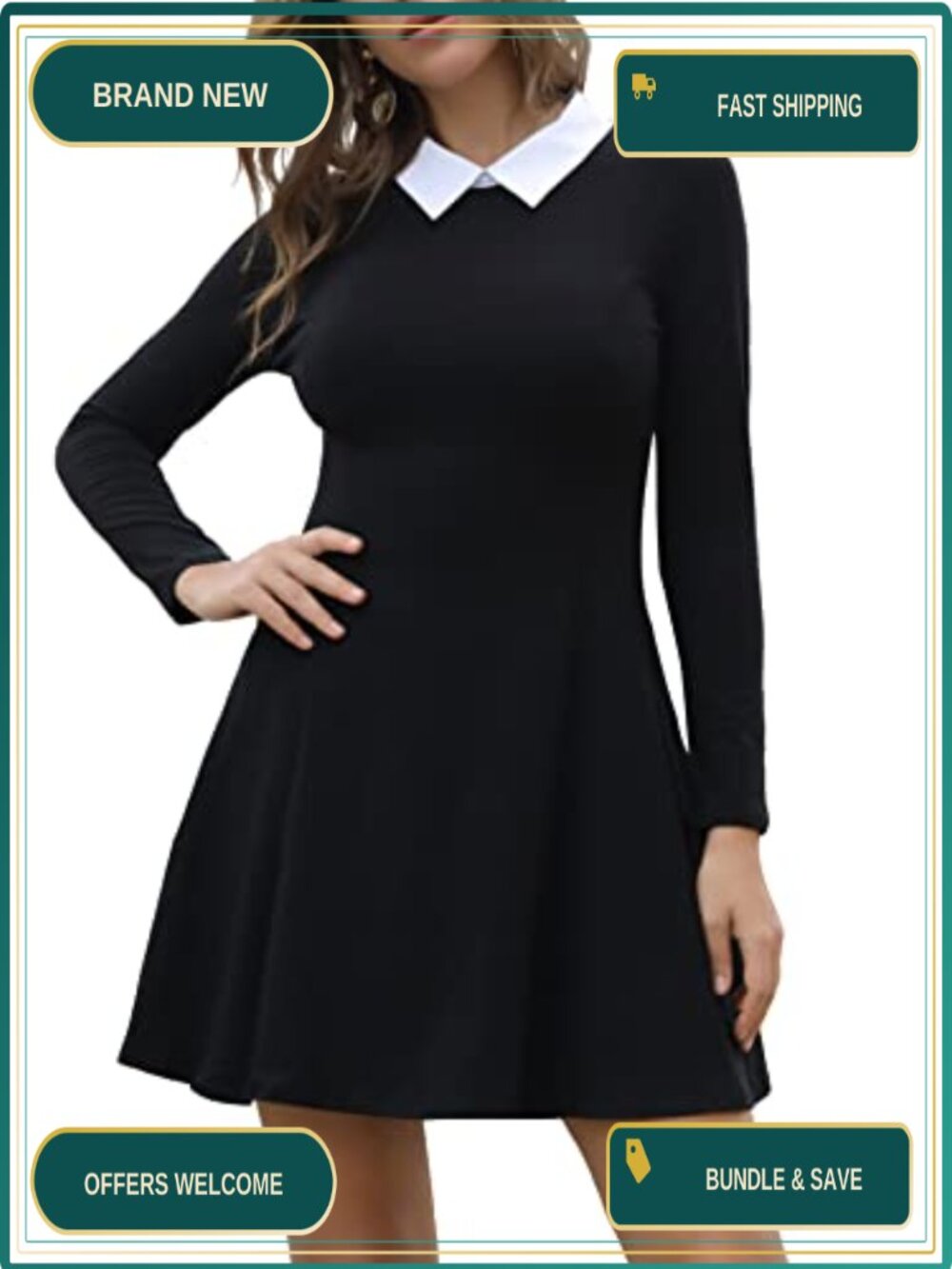 Women's Long Sleeve Peter Pan Collar Fit & Flare Casual Dress